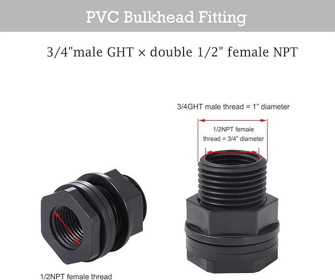 Garden Hose Bulkhead Fitting with Plug, Dual 1/2" Female NPT x 3/4" Male GHT (Garden Hose Thread) Bulkhead Tank Fitting for Rain Barrels, Aquariums (10 Pack)