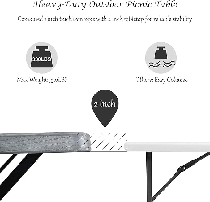 Hysache Picnic Table Bench Set, Patio All Weather Metal Base Camping Table Set w/Wood Texture Tabletop, Steel Frame, Large Camping Picnic Tables for Backyard Poolside Garden Patio Lawn (Grey)