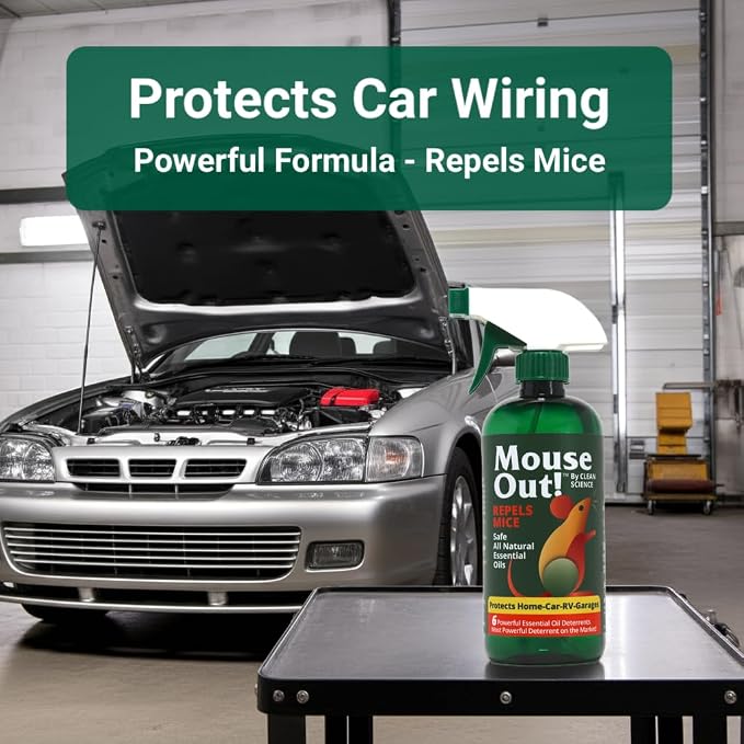 Mouse Out! All-Natural Rodent Repellent Spray, 16oz | Essential Oil Formula, Protects Car Wiring & Stops Mice, For Kitchens, Homes, RVs, and Garages, Safe for Pets & Kids