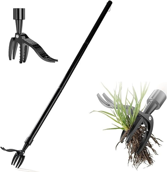 Manual Weed Puller Tool - Stand Up Weeder with 4-Claw Head & 3-Section Long Handle, Permanently Remove Dandelions with Roots, No Bending for Seniors, Lawn & Garden Tool