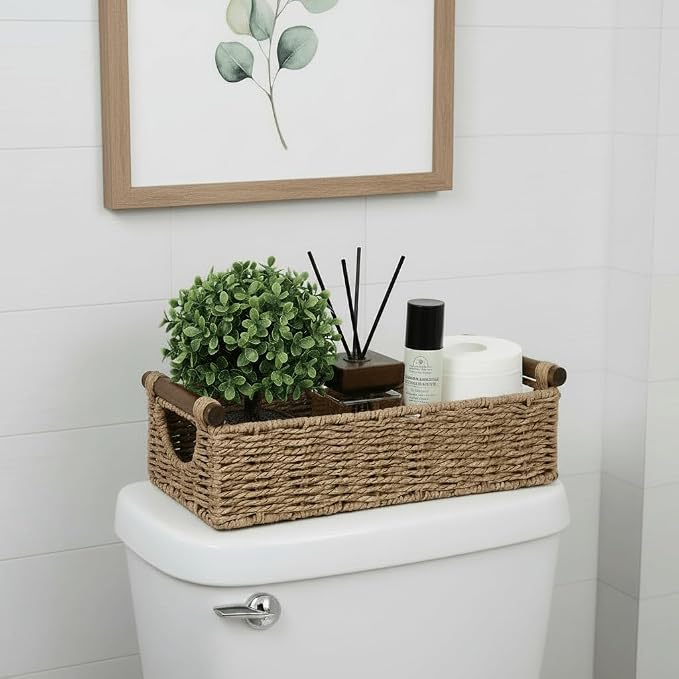 CubesLand Small Wicker Toilet Basket Tray Organizer W/Cut Out Handle | Handwoven Slim Decorative Basket for Countertop Shelf, And for Rustic Home Decor, Living Room, Nursery Organization, Neutral