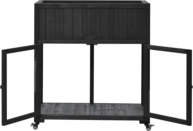 Polibi Patio Mini Wood Cold Frame, Compact 2 Doors Garden Greenhouse with Wheels, Raised Bed with Liner for Indoor Outdoor Use,35.4''x17.7''x37.4'',Black