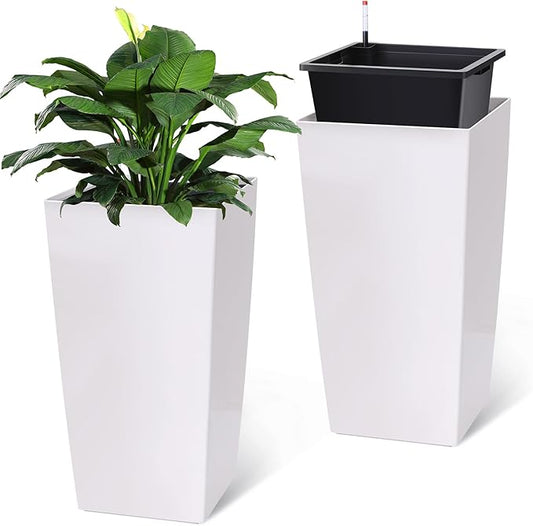 30 Inch Tall Self Watering Planters for Patio, Set of 2 Large Square PP Plastic Planters with Water Reservoir, Modern Floor Standing Self-Watering Pots for Indoor Outdoor Home Garden Decor, Black