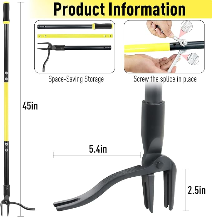 Jardineer Weed Puller Tool Stand Up Heavy Duty, 45" Weed Remover Tool with Long Handle and 4-Claw Steel Head, Manual Weeding Tool for Garden Lawn Yard, Easily Remove Weeds Without Bending