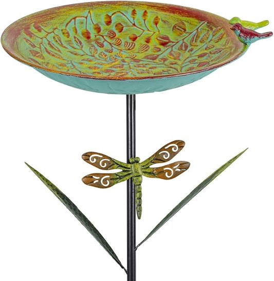 VEWOGARDEN 38" Tall Metal Bird Bath for Outside, Outdoor Bird Bath Feeder with Stable Stake for Garden, Yard, Patio Decor, Blue-Green