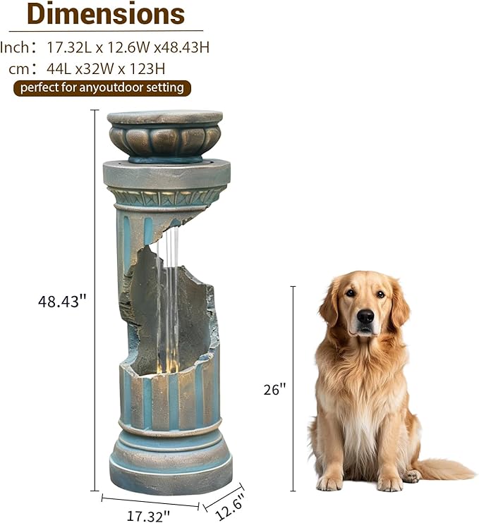 Sunlinua Outdoor Water Fountain with LED Light, Modern Spiral Tiered Outdoor Fountain with Stone Planter Curved Freestanding Waterfall Fountains for Garden Patio Deck Porch Gold