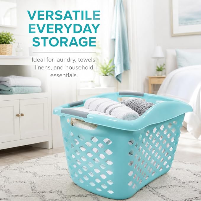 Teal Laundry Basket 9.3 Gal with 3 Handles, Durable Resin | Teal laundry basket with a contoured side that rests comfortably on your hip—carry heavy loads with one hand, effortlessly.