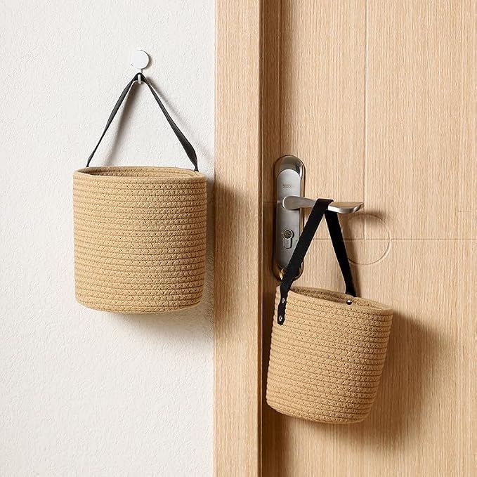 Hanging Leather Plant Pot Holder, Wall Hanging Planter Basket, Beige