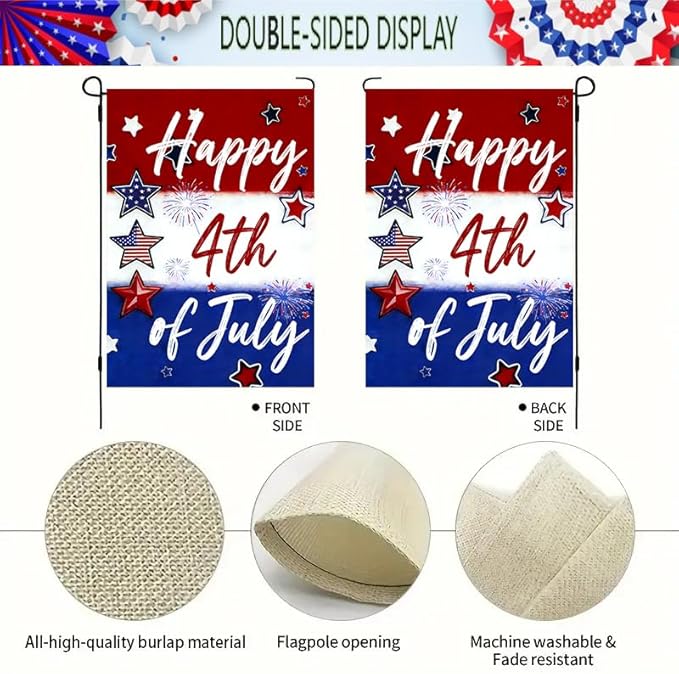 Happy 4th of July Fireworks Star Garden Flag 12x18 Double Sided, Small Burlap Holiday Independence Day Memorial Day Patriotic Yard Flags for Outside Fourth of July Decoration Outdoor Garden Décor