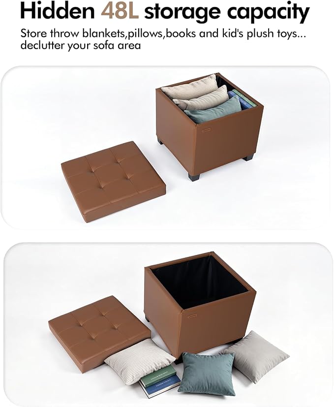 ABHENG Steel Frame Square Ottoman with Storage Caramel UASND645Z | 17.7" x 17.7" x 17.7", Hold 660 lbs, 48L Storage Capacity, Waterproof Synthetic Leather, Removable Lid, for Dorm Living Room