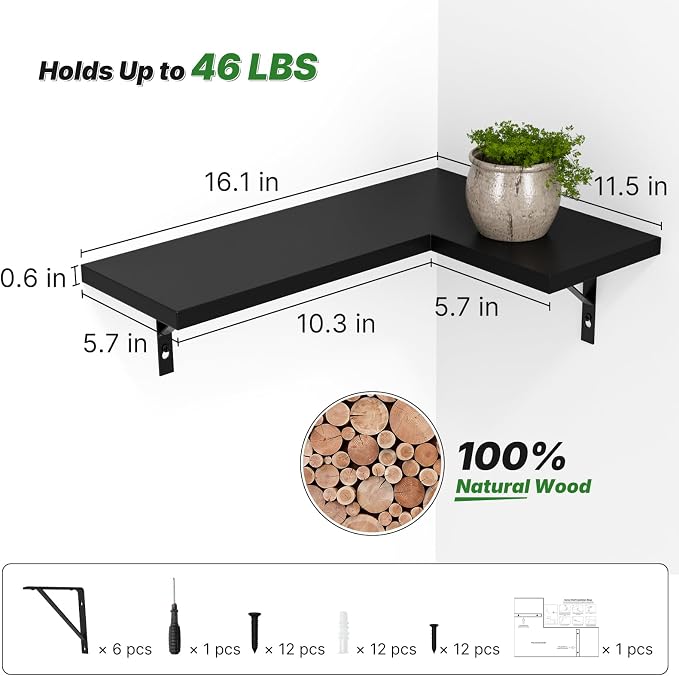 NATURE'S SOURCE Corner Floating Shelves Wall Mounted, Black, Set of 4