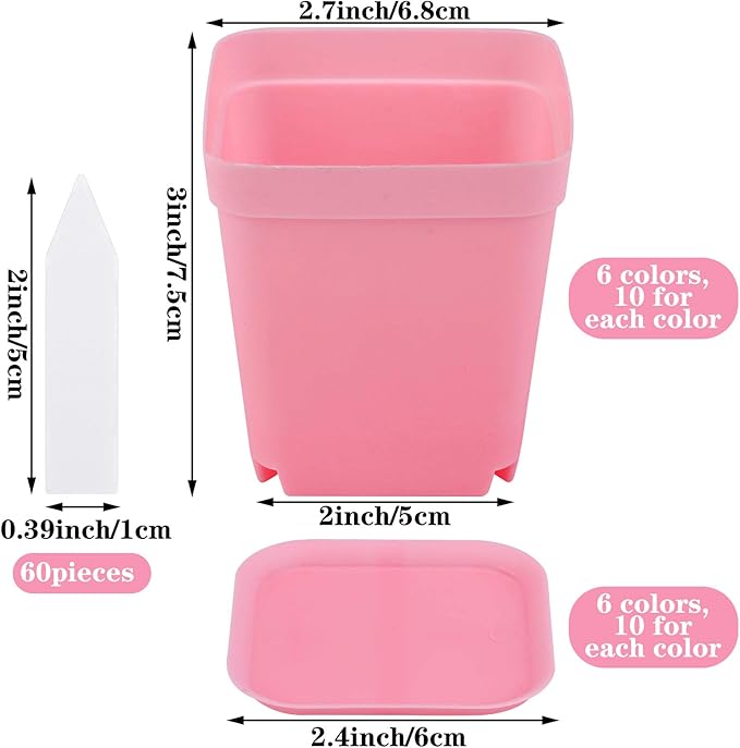 Elcoho 60 Pack 2.7 Inch Square Plants Nursery Pot Multicolor Plastic Plant Seedling Pots Flower Pots Nursery Transplanting Planter Container with Saucer for Your Room,Garden Office and Balcony Decor