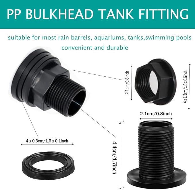 PVC Bulkhead Fitting Double Threaded Bulkhead Water Tank Connector for Rain Barrels, Aquariums, Water Tanks, Tubs, Pools, Spigot, Black, 3/4 Inch Male 1/2 Inch Female (4 Pieces)