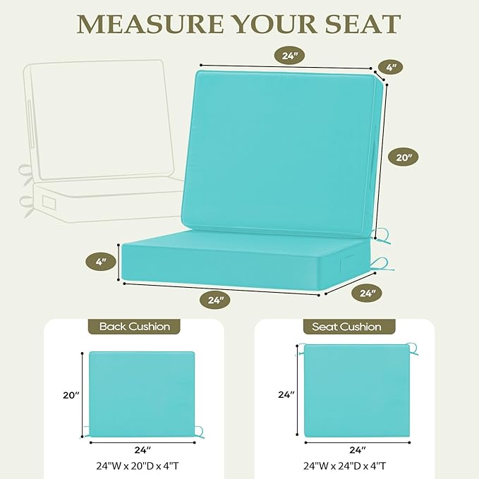 Wellsin Outdoor Deep Seat Patio Cushions, 24 x 24 Waterproof & 3-Year Fade Resistant Outdoor Cushions with Removable Covers,Ties and Handle for Chair, Sofa, Couch, Teal