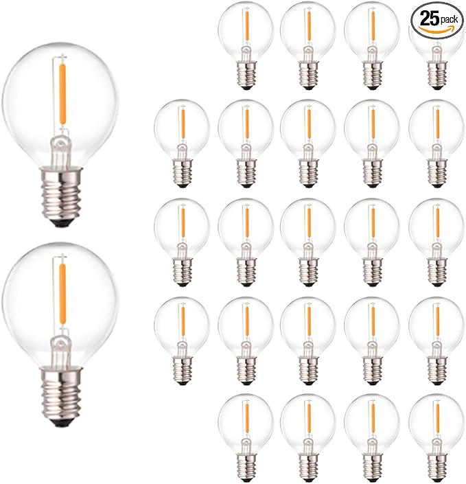 G40 LED Replacement Bulbs for Outdoor String Lights, 0.6W Dimmable Shatterproof Globe Bulbs, E12 Candelabra Base, Warm White, 25-Pack