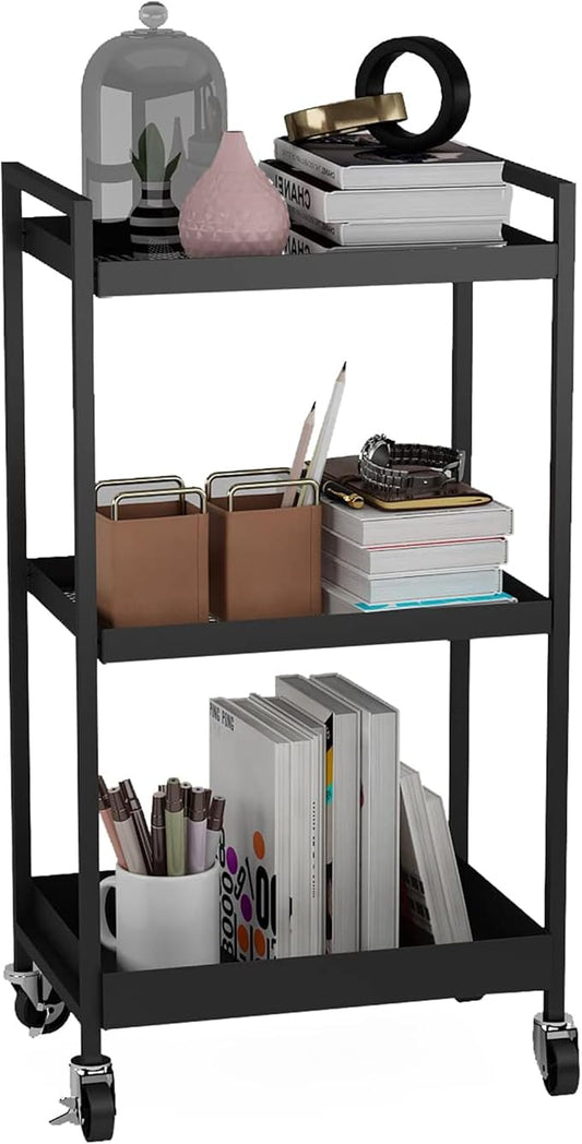 3-Tier Metal Utility Rolling Cart, Heavy Duty Multifunction Rectangular Cart with Lockable Casters, Easy to Assemble, Suitable for Office, Bathroom, Kitchen - Black