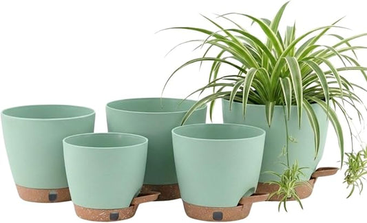 montresor 5 Pack Green 5/5.5/6/6.5/7 Inch Self Watering Planters for Outdoor, Plastic Plant Pots with Wick & Drainage, Small to Medium Indoor Pots for Snake Plant, Aloe