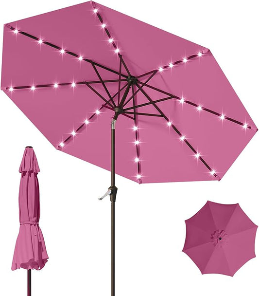 9FT Patio Umbrella with Solar Lights,Outdoor Market Umbrella with Tilt and Crank, LED Lighted Table Umbrella for Garden,Deck,Backyard,Pool,Beach
