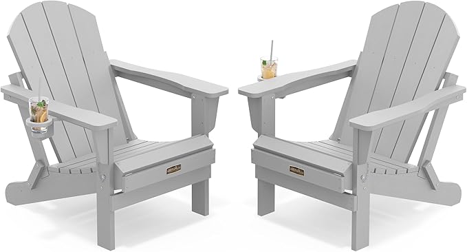 SERWALL Foldable Adirondack Chair Set of 2, Weather Resistant for Patio Chairs with Cup Holder Patio Garden Outdoors Fire Pit-Space Grey