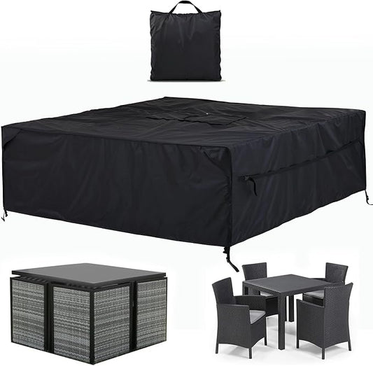 Patio Furniture Covers Waterproof - 420D Outdoor Table and Chair Set Cover with Built-in Storage Bag - Rectangular Patio Table Cover for 4-Seat Dining Set or Sectional Sofa - Black