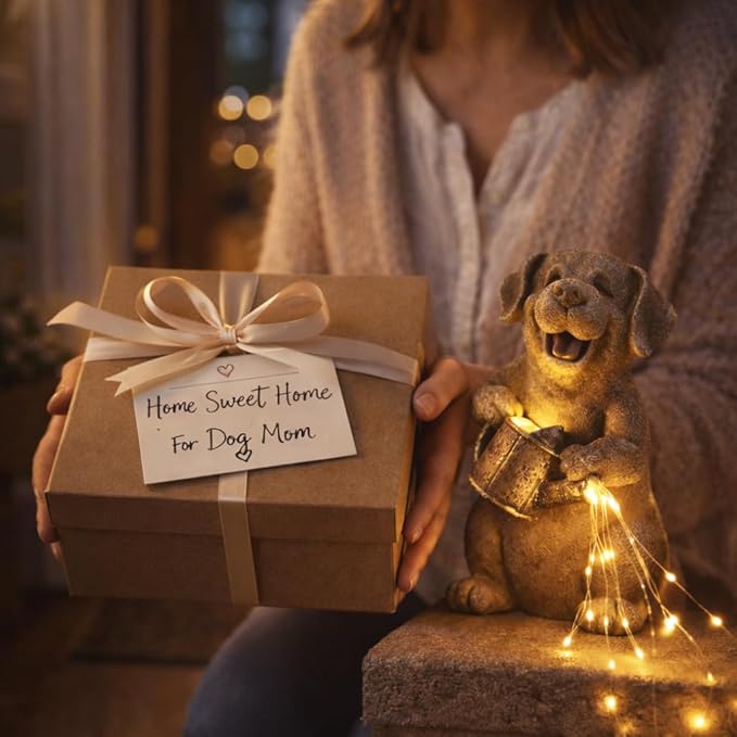 Lavezee Dog Statues Outdoor with String Lights for Garden Decor, Puppy Dog Statue for Patio Lawn Porch Walkway Yard Decoration, Ideal Gifts for Dog Lovers Women Mom Grandma