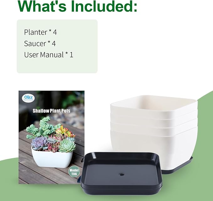 Oliz Succulent Pots 6 Inch Shallow Herb Planters with Drainage Hole - 4 Packs Cactus Planter for Home Office Garden Plants Pot Present - Plants Not Included (Off White)