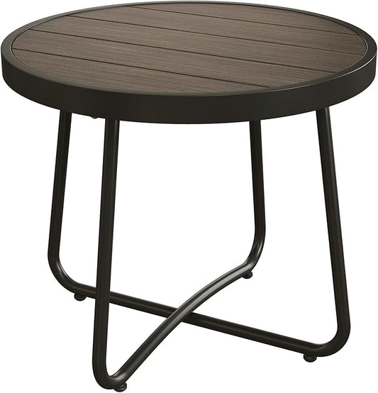 Grand patio Outdoor Side Table, Round End Table with Imitation Wood Tabletop, Dark Grey