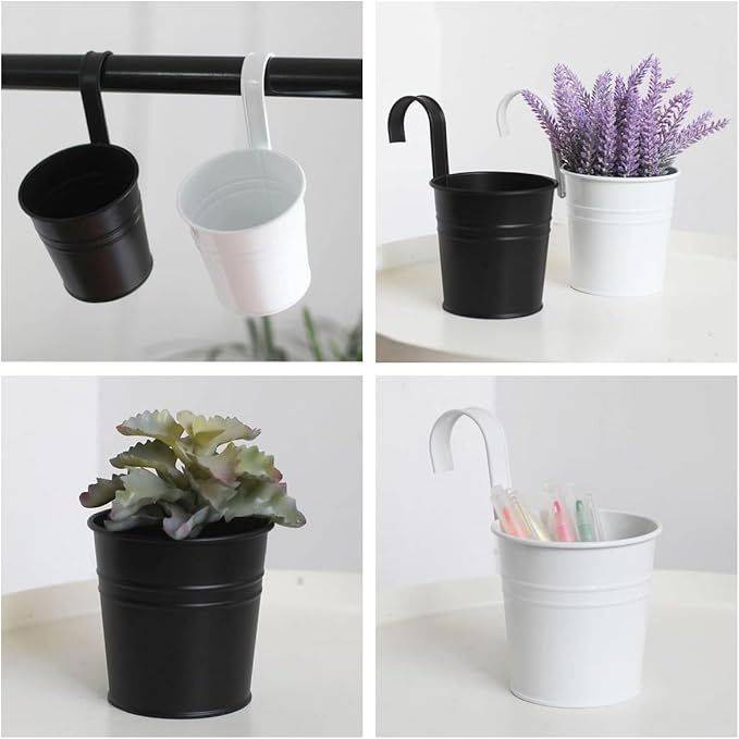 XZJMY 5 Pcs Hanging Flower Pots Metal Iron Bucket Planter Pot Metal Bucket Flower Holder with Hook Indoor Outdoor Decor for Railing Fence Balcony Garden (White)