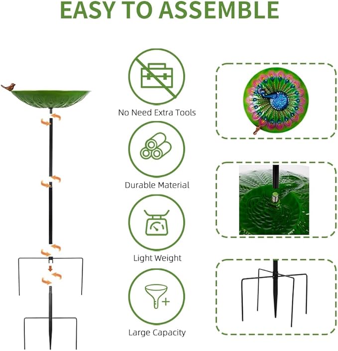 Metal Bird Bath for Outdoors, Peacock Birdbath with Stake, 43" H Bird Bath & Feeder with 13" Bowl for Outside Garden Patio Yard Decor
