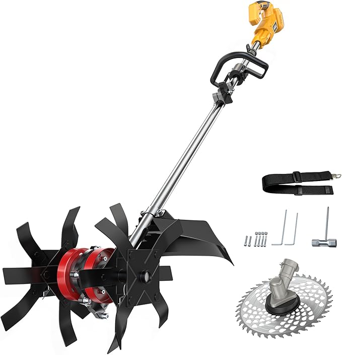 Cordless 2-in-1 Tiller Cultivator & Weed Wacker Compatible with Dewalt 20V Battery (Tool Only), 500RPM Electric Garden Tiller String Trimmer, 9" Tilling Width 9.4" Depth for Soil Lawn Cultivation