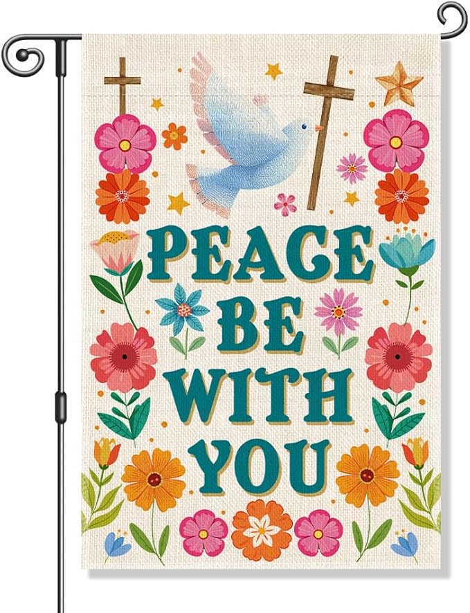 Peace Be With You Garden Flag, Floral Jesus Christian Cross Flag, Equality Inclusion Kindness Sign, Inspirational Spring Summer Home Holiday Party Outdoor Decor for Dove of Peace Lovers Gifts