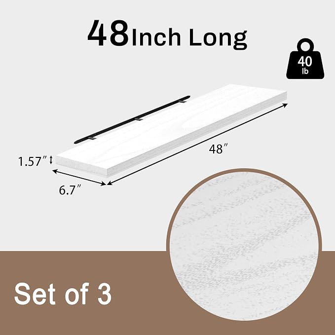 48 Inch Floating Shelves for Wall, Set of 3 | Wood Wall Mounted Shelves with Invisible Brackets, Rustic Farmhouse Long Shelf for Bedroom Living Room Kitchen (White)