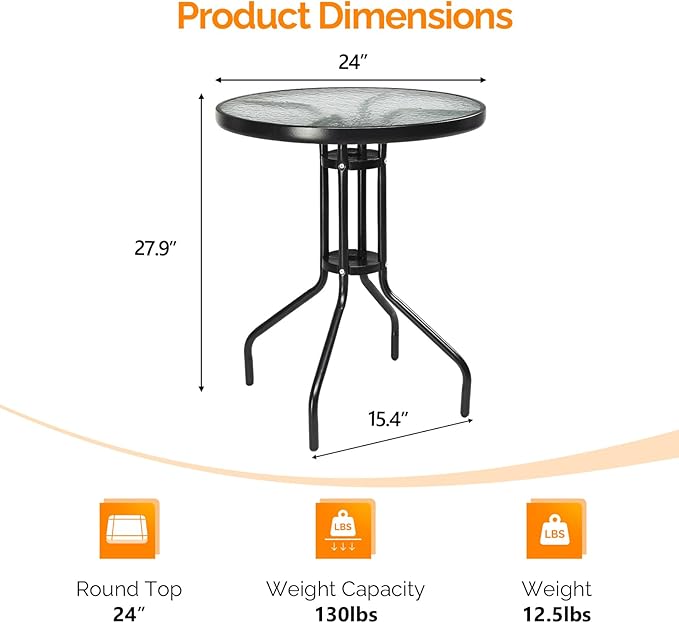 VINGLI Outdoor Bistro Table, 24" Patio Table Steel Frame Tempered Glass Top, Dining Tables for Balcony Garden Poolside (24‘’ Round)