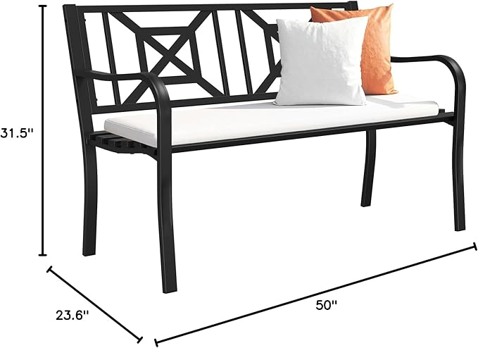 Black Outdoor Bench, Metal Weatherproof Garden Bench Cast Iron Heavy-Duty Patio Bench with Decorative Backrest for Proch Park 880lb Capacity
