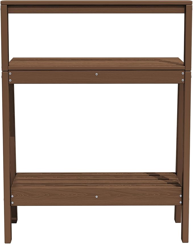SERWALL Potting Bench Outdoor with Storage, 3-Tier HDPE Gardening Table with Angled Legs & Tool Hooks, All-Weather Heavy Duty Potting Table for Patio, Backyard, Garden, Brown