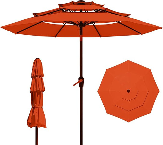 9FT 3 Tiers Patio Umbrella With Auto Tilt And Crank, Outdoor Table Market Umbrella with 8 Sturdy Ribs for Garden, Lawn, Deck, Backyard and Pool