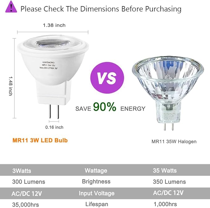 KAKEMONO MR11 GU4.0 Led Bulbs,20W Halogen Equivalent,2700K Soft Warm White,12V GU4 3W Low Voltage Spotlight for Outdoor Landscape Track Lighting, Not Dimmable-6 Pack