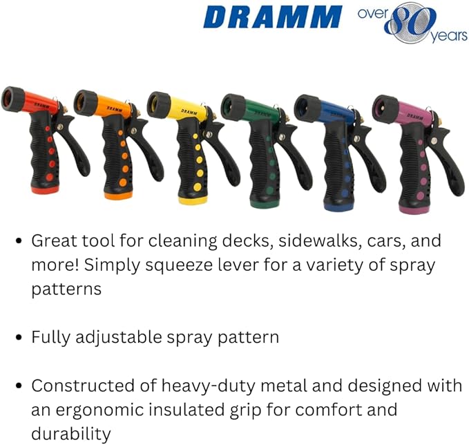 Dramm ColorStorm Premium Pistol Spray Nozzle – Heavy-Duty Adjustable Garden Hose Sprayer with Ergonomic Grip & Variable Water Patterns for Garden, Car, Deck, and Outdoor Cleaning – Blue