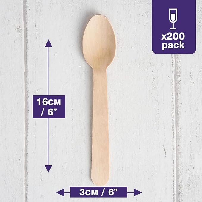 MATANA - 100% Natural Disposable Bamboo Wooden Spoons 6.3" Inch (200 Pack) - Compostable Cutlery, Biodegradable Utensils for Garden Parties & Summer Events