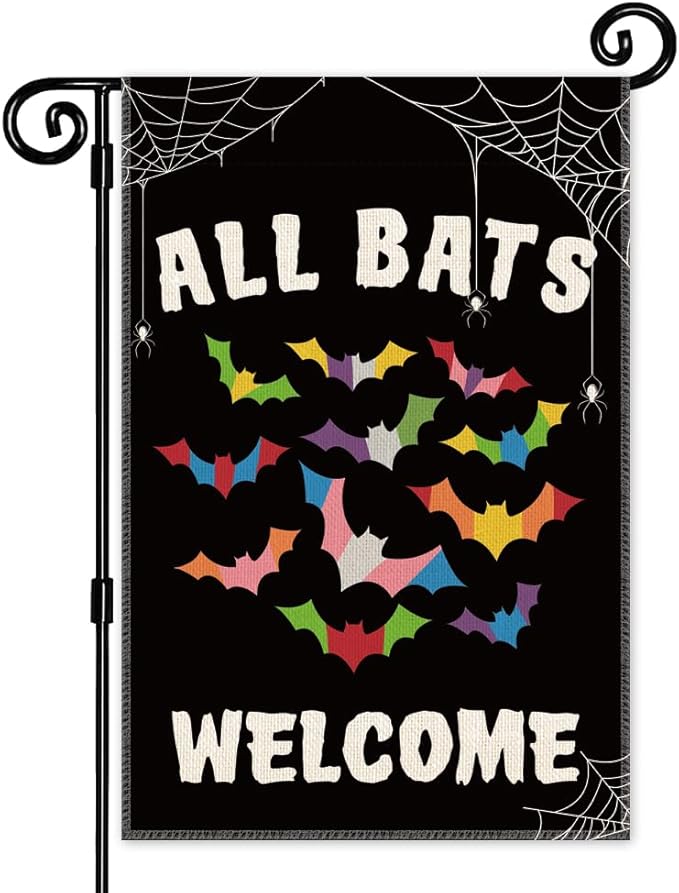 All Bats Welcome Garden Flag - Double Sided Yard Outdoor Farmhouse Lawn Porch Decor, Halloween Bats Decor, Inclusive Equality Diversity Flag, LGBTQ Pride