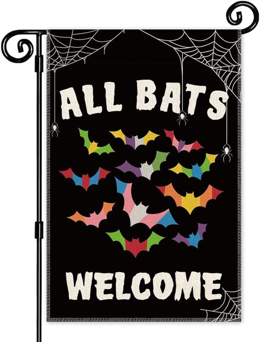 All Bats Welcome Garden Flag - Double Sided Yard Outdoor Farmhouse Lawn Porch Decor, Halloween Bats Decor, Inclusive Equality Diversity Flag, LGBTQ Pride