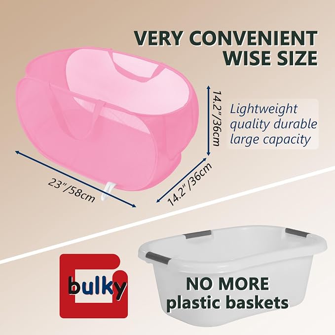 Collapsible Laundry Hamper Basket,Pop Up Mesh Foldable Bag for Laundry Room | folding horizontal laundry durable baskets with handles & side pocket travel for bathroom,Kids room,college dorm(Pink)