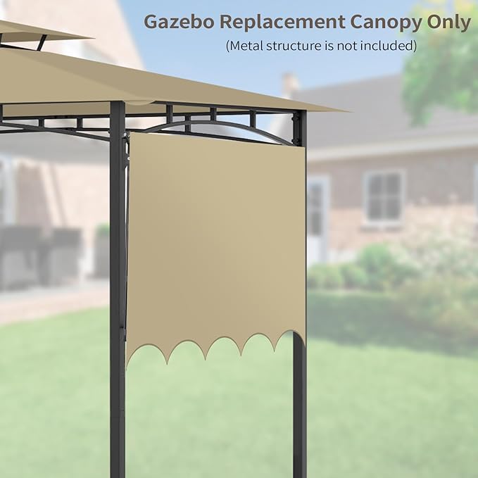 Grill Gazebo Replacement Canopy Top Only - 5' x 11' Outdoor BBQ Gazebo Canopy Roof with Extra Side Awning, Waterproof Double Tiered Shelter Cover (Khaki, 5x11)