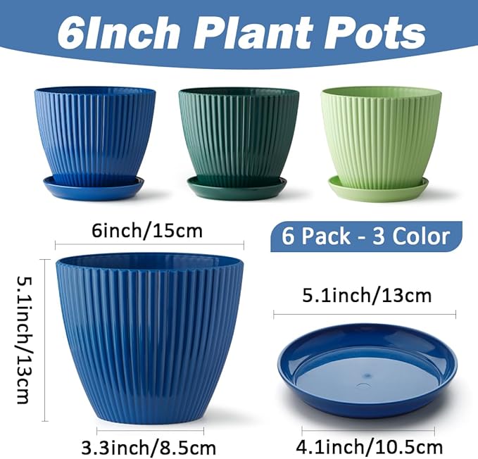 RooTrimmer 6 Inch Plant Pots, Plastic Flower Pots for Indoor Outdoor Plants, Planters with Drainage Holes and Tray Saucers, Cute Succulent Pots Durable and Light Weight (6 Pack)