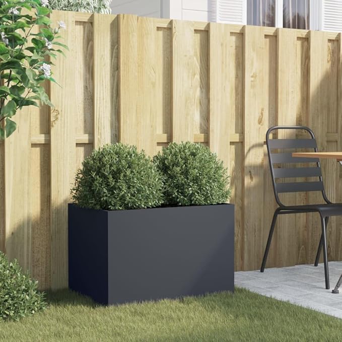 Anthracite Steel Planter with Decorative Inlays, Modern Matte Finish Cold-Rolled Steel Planter for Patio and Garden, Dimensions 24.4 x 15.7 x 15.4 Inches