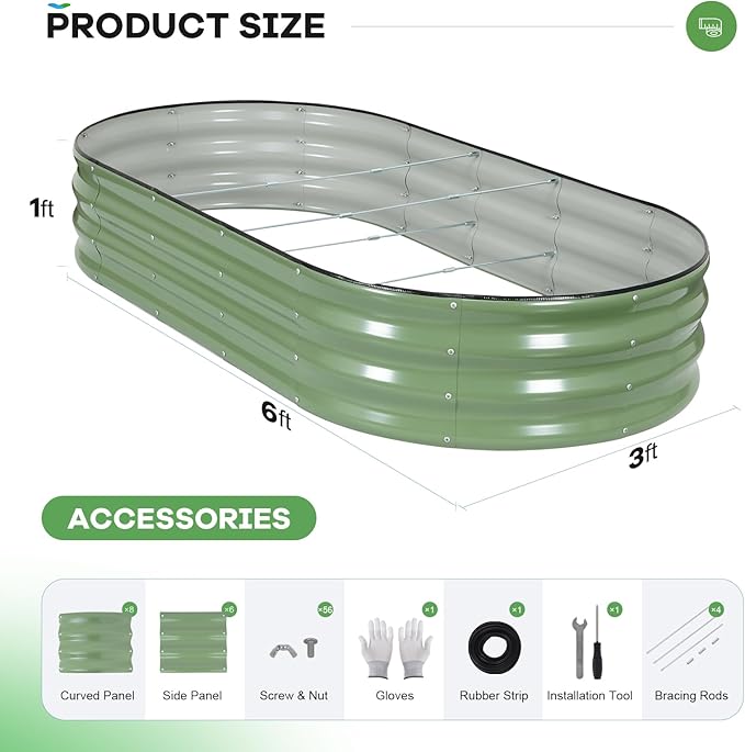 Galvanized Raised Garden Beds Outdoor, 6x3x1ft Oval Metal Raised Beds for Gardening, Rust-Resistant Garden Planter Box for Planting Vegetables, Flowers, Fruits in Lawn(Olive Green, 2 Packs)