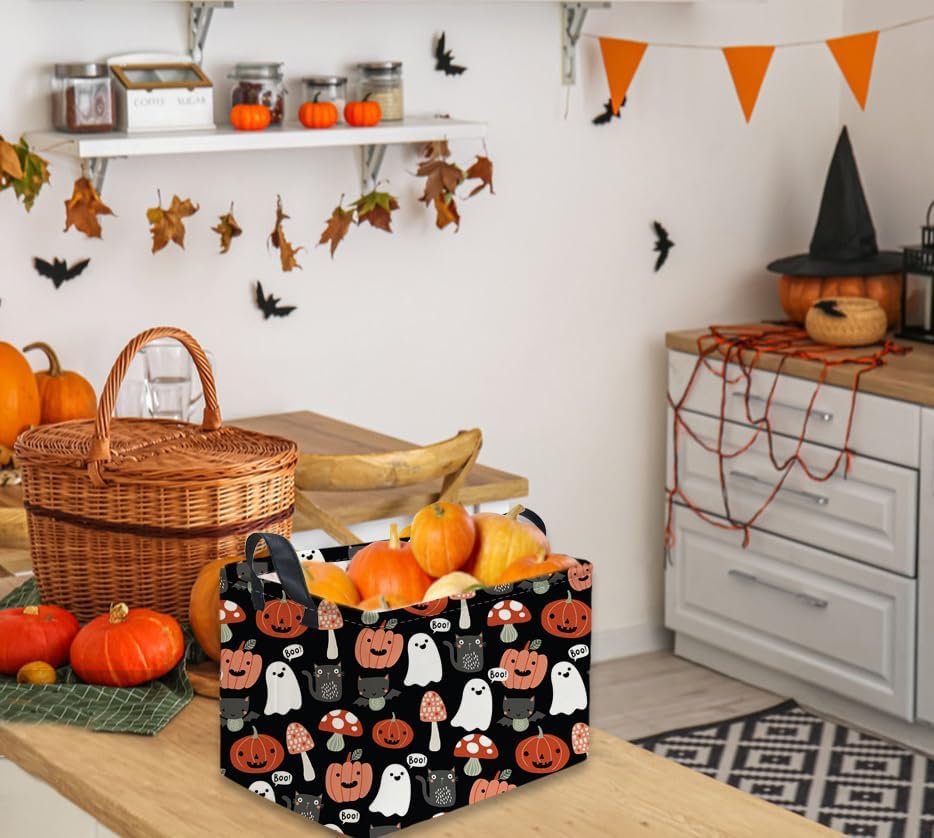 Sanjiaofeng Rectangular Kids Basket Halloween Storage Bins,Cute Storage Basket with Handles.Clothers,Books,Kid's Gifts Bins. (Mushroom Halloween)