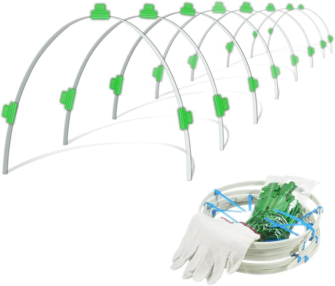 8-Pack Fiberglass Garden Hoops - High Flexibility Never Rust Bending Hoops with 24 Clips & Gloves for Raised Beds, Low Tunnels, Row Covers, Frost Protection & Pest Control (Fits 2-4 ft Wide Beds)