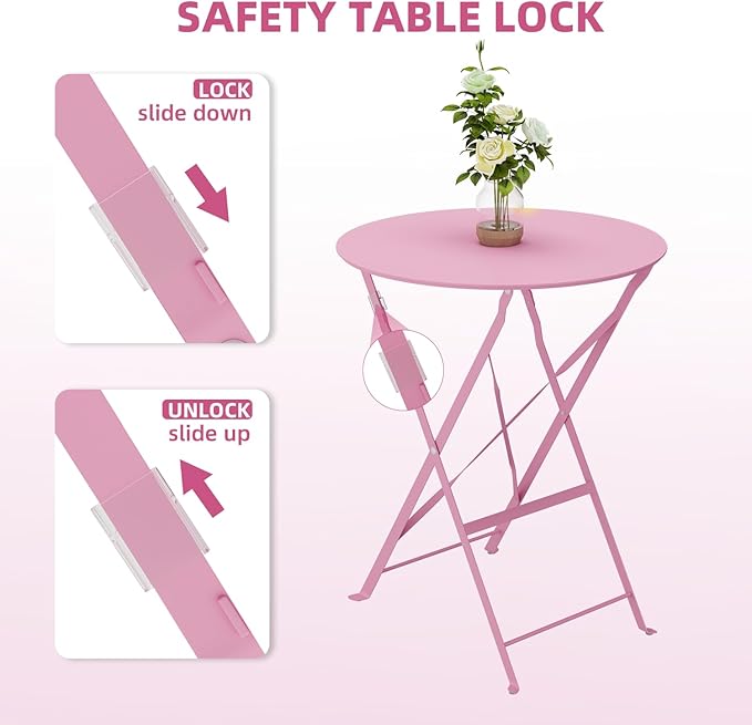 3-Piece Folding Bistro Set, 2 Chairs and 1 Coffee Table, Space Saving Weather-Resistant Frame, Portable Indoor/Outdoor Patio Furniture Conversation Set for Garden Porch Balcony Deck - Pink