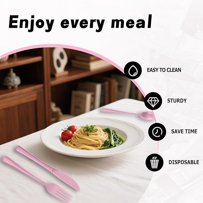 Plastic Silverware 150 PCS Disposable Silverware Heavy Duty Utensil Sets 50 Of Each Forks Knives & Spoons Disposable Cutlery Set For Easter,Birthday,Baby Shower,Garden Party,Wedding(150,Pink)